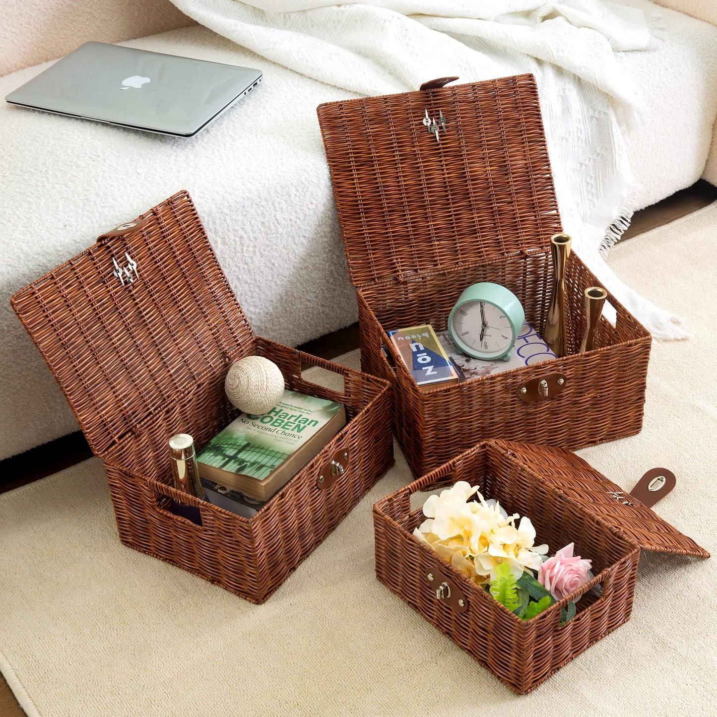 Homepeaz Set of 3 Woven Wicker Storage Basket Box with Lids & Lock, Built-in Carry Handles, Multifunctional Storage Organizer for Nursery, Baby, Clothes, Toys, Books, Large/Medium/Small Size (Natural)