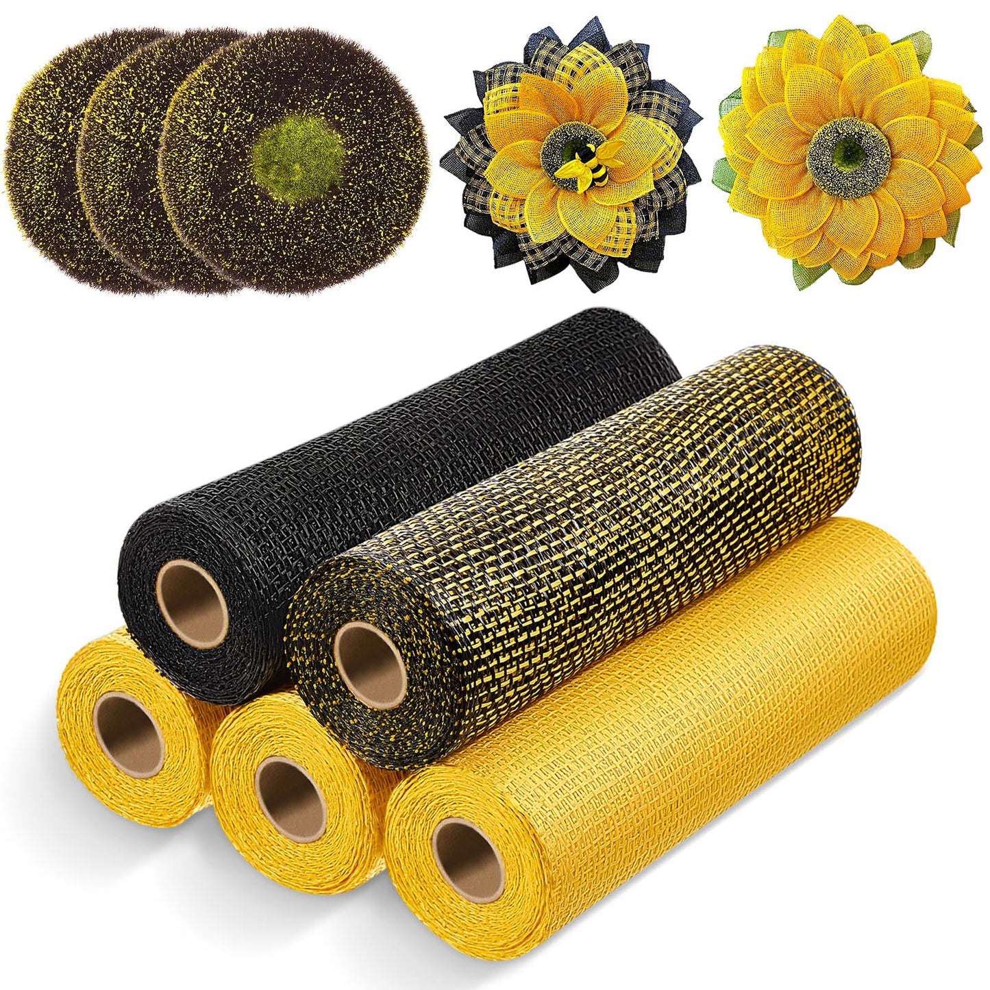 Yuxung 10 Pcs Poly Burlap Mesh 10 Inch and Disc Florets of Sunflower Center Set Wreath, Includes 5 Roll Black Yellow Mesh and 5 Pcs Foam Sunflower Head for DIY Bee Wreath Decoration Party Supplies