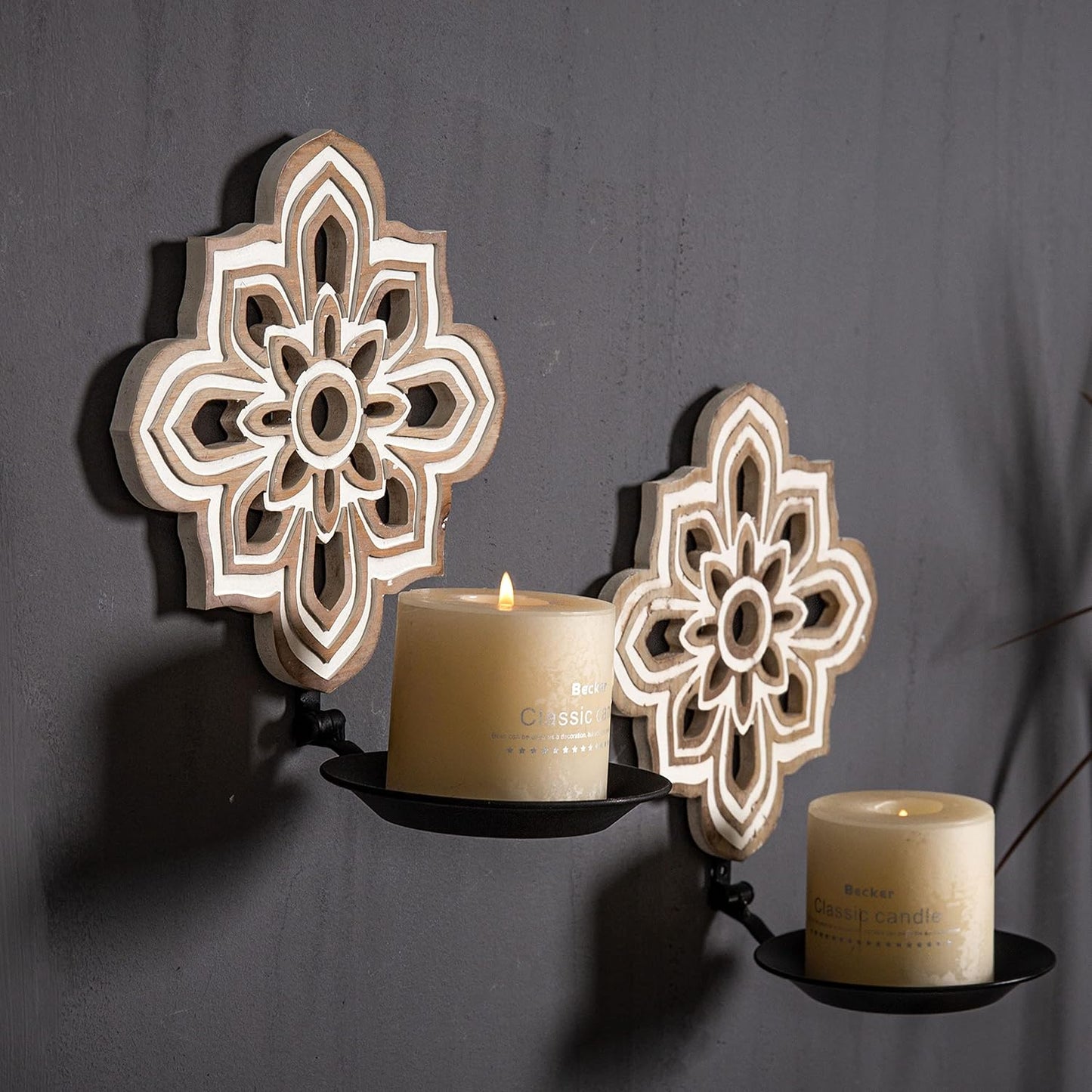 Set 2 Openwork Carving Candle Sconces of - Farmhouse Rustic Wall Decor, Wooden Sunflower Candle Holder, Decorative