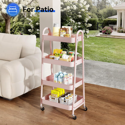 NEWBULIG 4-Tier Metal Rolling Cart with Lockable Wheels, Heavy Duty Mobile Utility Storage Shelf, Roller Book Snack Cart, Organization for Livingroom, Bathroom, Office, Pink