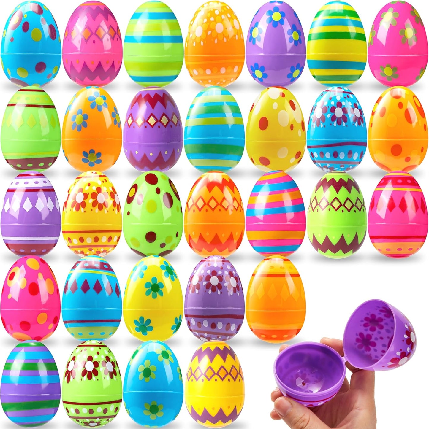 3.15Inch Favor-50 JOYIN Printed Plastic Eggs Colorful, Fillable Empty Eggs Bulks for Easter Hunt Event, Party pcs