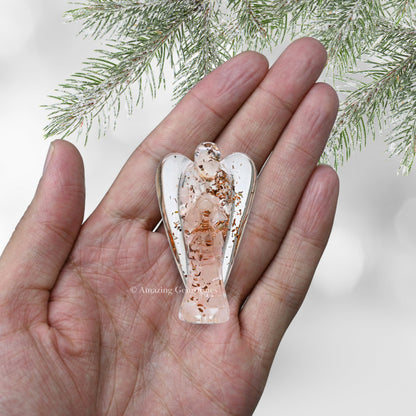 Amazing Gemstone Rose Quartz Guardian Angel Figurine Pocket Crystal Angel for Protection - Orgone Guardian Angel with Orgonite Layer and Natural Crystal for Healing Gift (2 Inch, Organite)