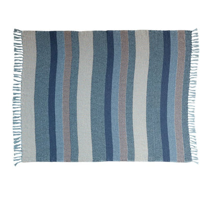 Creative Co-Op Striped Cotton Blend Throw with Fringe, Blue and Cream