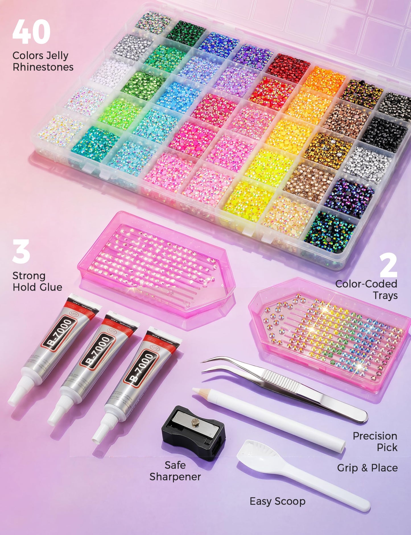 Upgraded 40 Colors Bedazzling Kit, 38000Pcs 3mm Jelly Resin Flatback Rhinestones with B7000 Glue, Pen, Tweezers, Trays & Storage Box for Adult Nail Art, DIY Crafts, Tumblers, Shoes & Clothes
