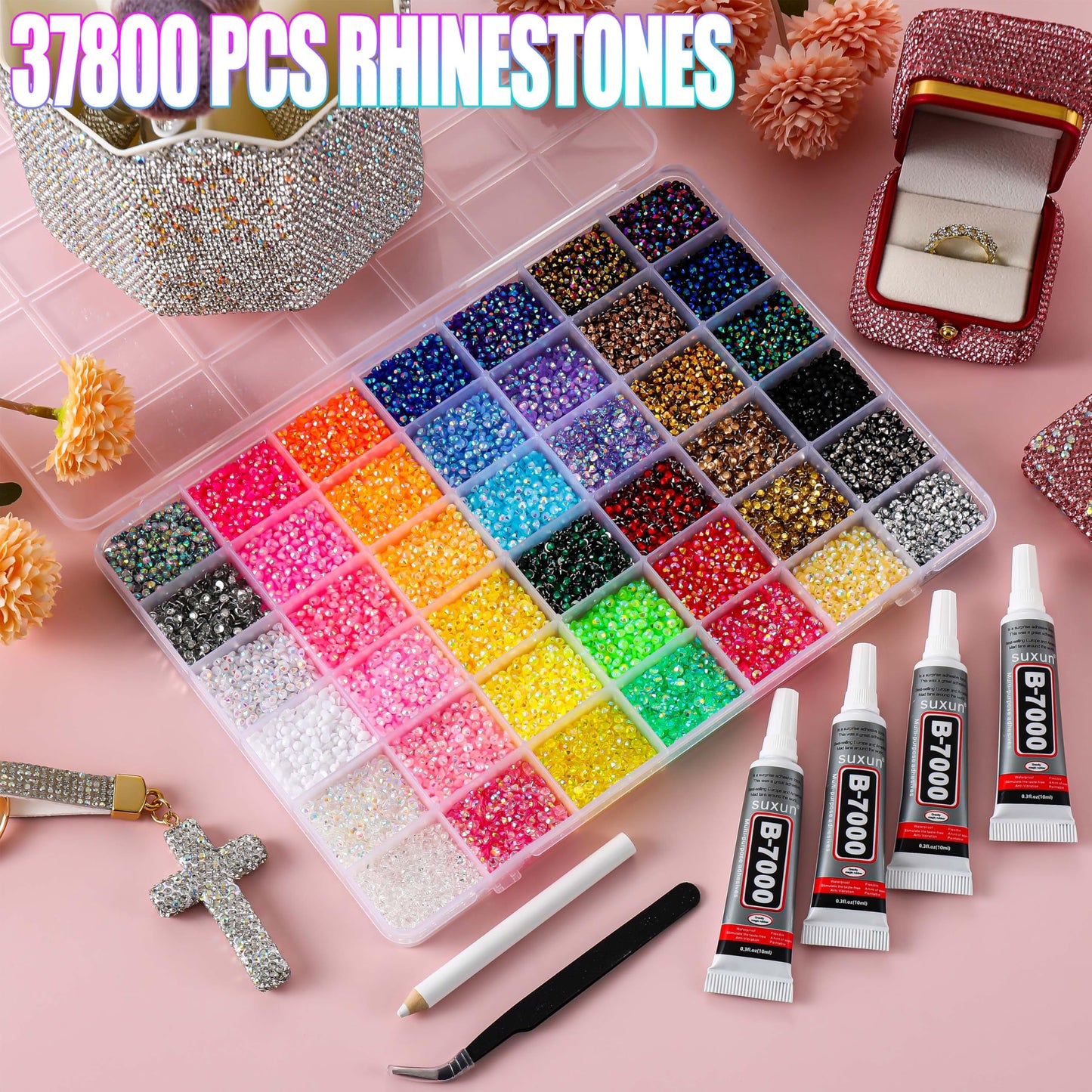 LERBOU 37800pcs Bedazzling Kit with 42 Colors Resin Jelly Rhinestones, 4×10ml B7000 Jewelry Glue Multicolor 3mm Flatback Sparkling Gems for Nail Art, Crafts, Clothing, Diamond Painting