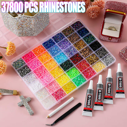 LERBOU 37800pcs Bedazzling Kit with 42 Colors Resin Jelly Rhinestones, 4×10ml B7000 Jewelry Glue Multicolor 3mm Flatback Sparkling Gems for Nail Art, Crafts, Clothing, Diamond Painting
