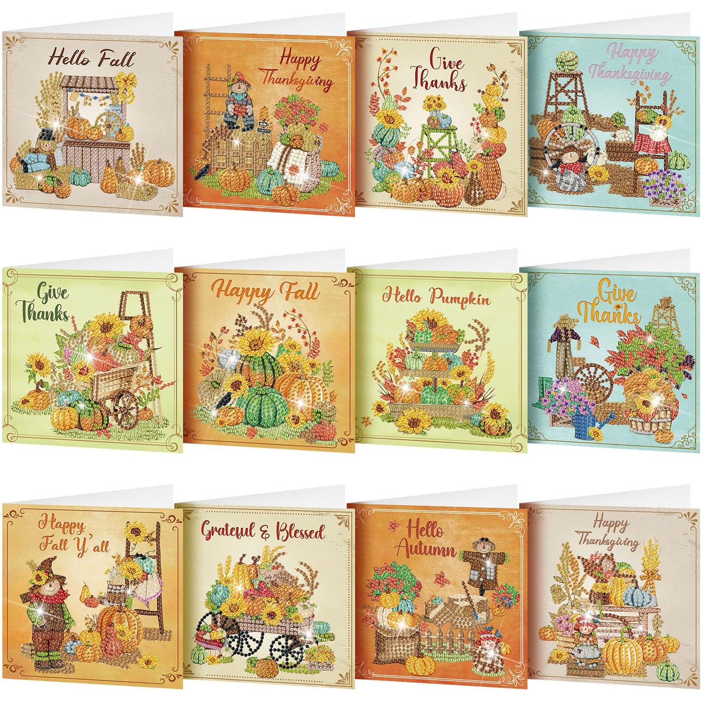 TecUnite 12 Pack Thanksgiving Diamond Painting Greeting Card Kits Fall Thanksgiving Diamond Art Cards with Envelopes Pumpkin DIY Crafts Kit Rhinestones Paint Scarecrow Cards for Friend Birthday Gifts