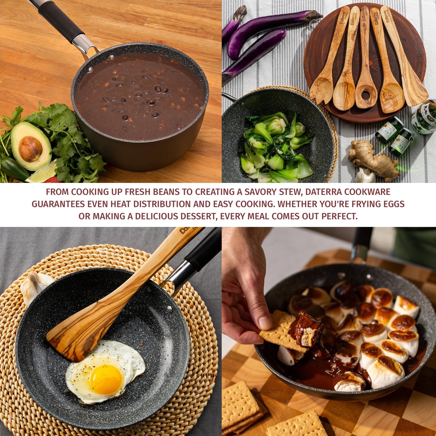 DaTerra Cucina Nonstick Small Chef Bundle – 2.6 Qt Ceramic Saucepan with Lid, 9.5" Frying Pan, 5-Piece Olive Wood Cooking Utensils – Oven Safe, Induction Compatible, PTFE & PFOA Free – Made in Italy