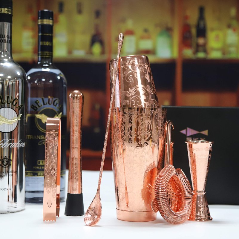 Sky Fish Bartender Kit Cocktail Shaker Set-6 Pieces Stainless Steel Copper Plated Etching Bar Tools with Boston Shaker Tins,Mixing Spoon,Mojito Muddler,Jigger,Hawthorne Strainer,Ice Tongs
