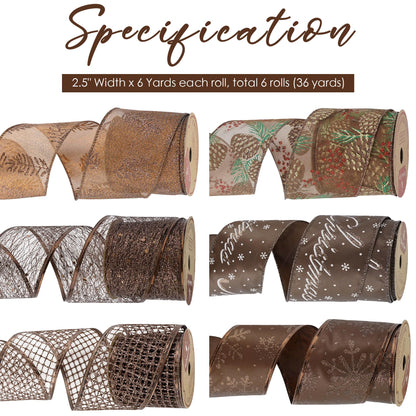 HUIHUANG Brown Wired Ribbon for Christmas Tree Pine Cone Ribbon Wired Brown Glitter Christmas Ribbons for Bows, Wreaths, Garland, Wrapping Crafts, Fall Decorations (2.5" x 6 Rolls, 36 Yds Total)