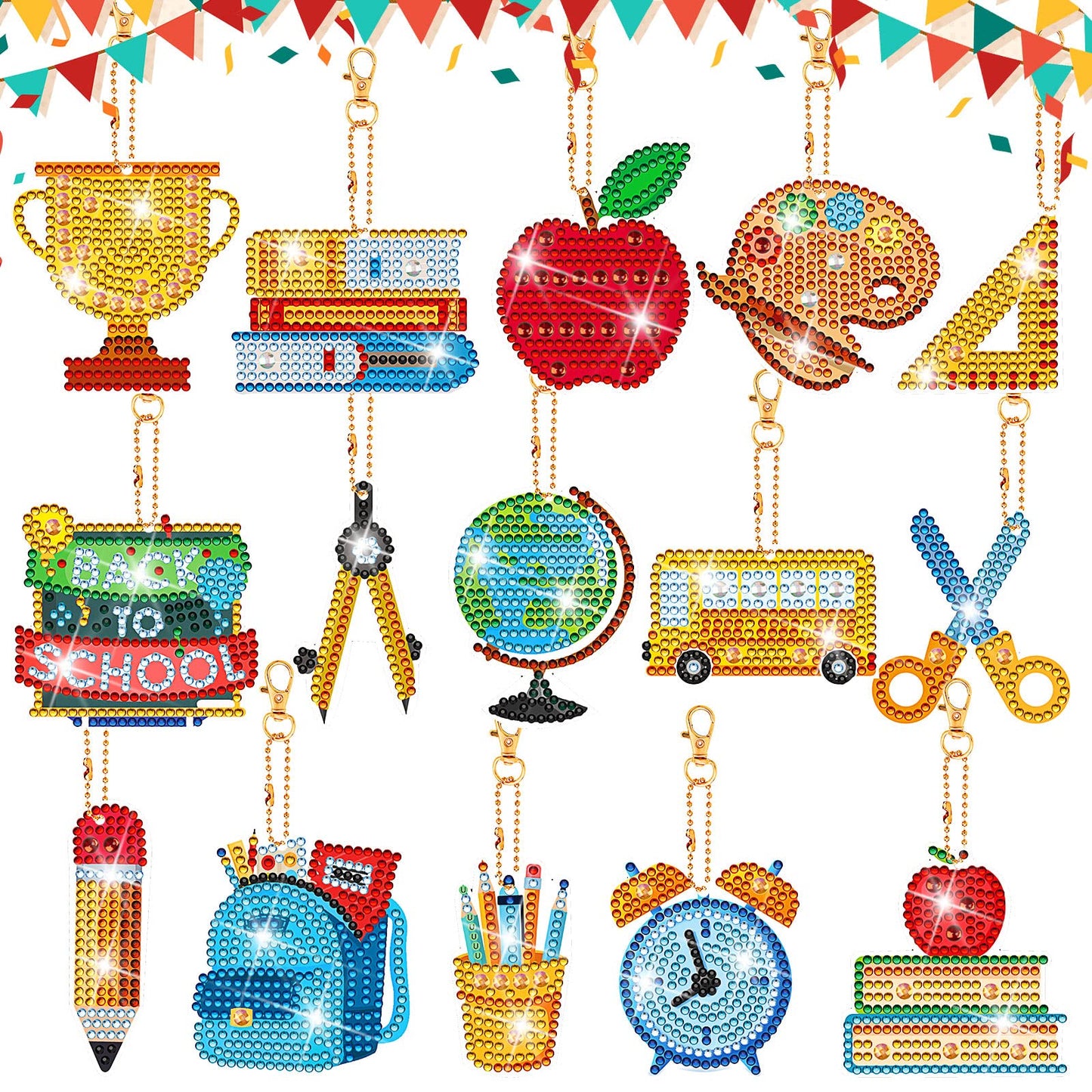 Batiyeer 15 Pcs Back to School Diamond Painting Keychain for Adult School Season 5D DIY Diamond Painting Art Keychain Decor Keychain Making Kit Diamond Key Ring Diamond Ornaments Craft Accessories