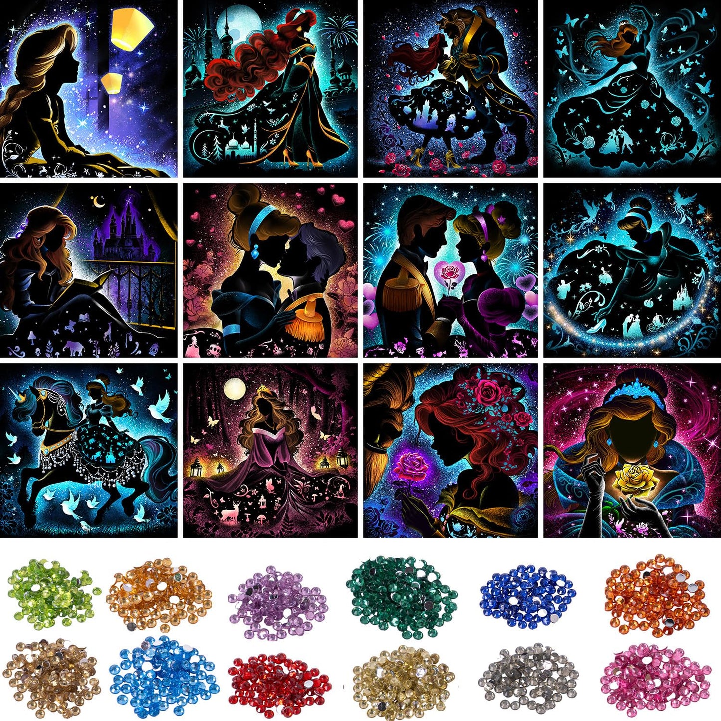 KEYRANKE 12 Pack Princess Diamond Painting Kits for Adults 5D DIY Diamond Art Kit Paint with Round Full Drill Diamonds for Beginners Gem Paintings Art for Home Wall Decor Gifts (12X12 Inch)