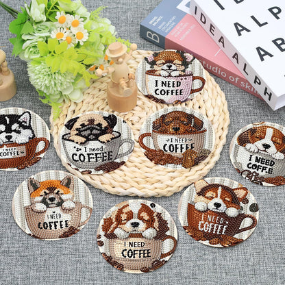 Ekuxom 8 Pcs Coffee Dog Diamond Art Coasters Kits with Holder-Diamond Painting Coasters Kits-DIY Crafts Art Coaster Kit for Home Decor