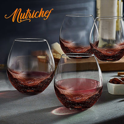 NutriChef 19 Ounce Stemless Wine Glasses For Red or White Wine (Set of 4) For Party And Gifting Clear, Lead-Free, and Ice Crack Design