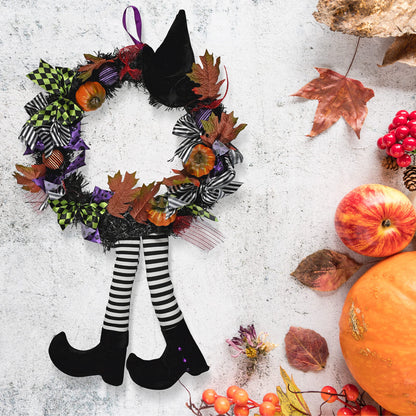 Skeleteen Happy Halloween Witch Wreath - Large 42" Front Door Hanging Witchy Decorations with Pumpkins, Maple Leaves, Witch Hat and Witch Legs Wreath