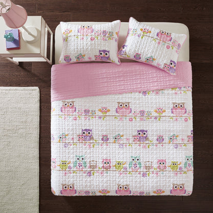 Comfort Spaces Quilt Set Novelty Design All Season Lightweight Coverlet Bedding Bedspread Kids, Teens Girls Bedroom Decor, Howdy Hoots Owl Pink, Full/Queen, 3 Piece