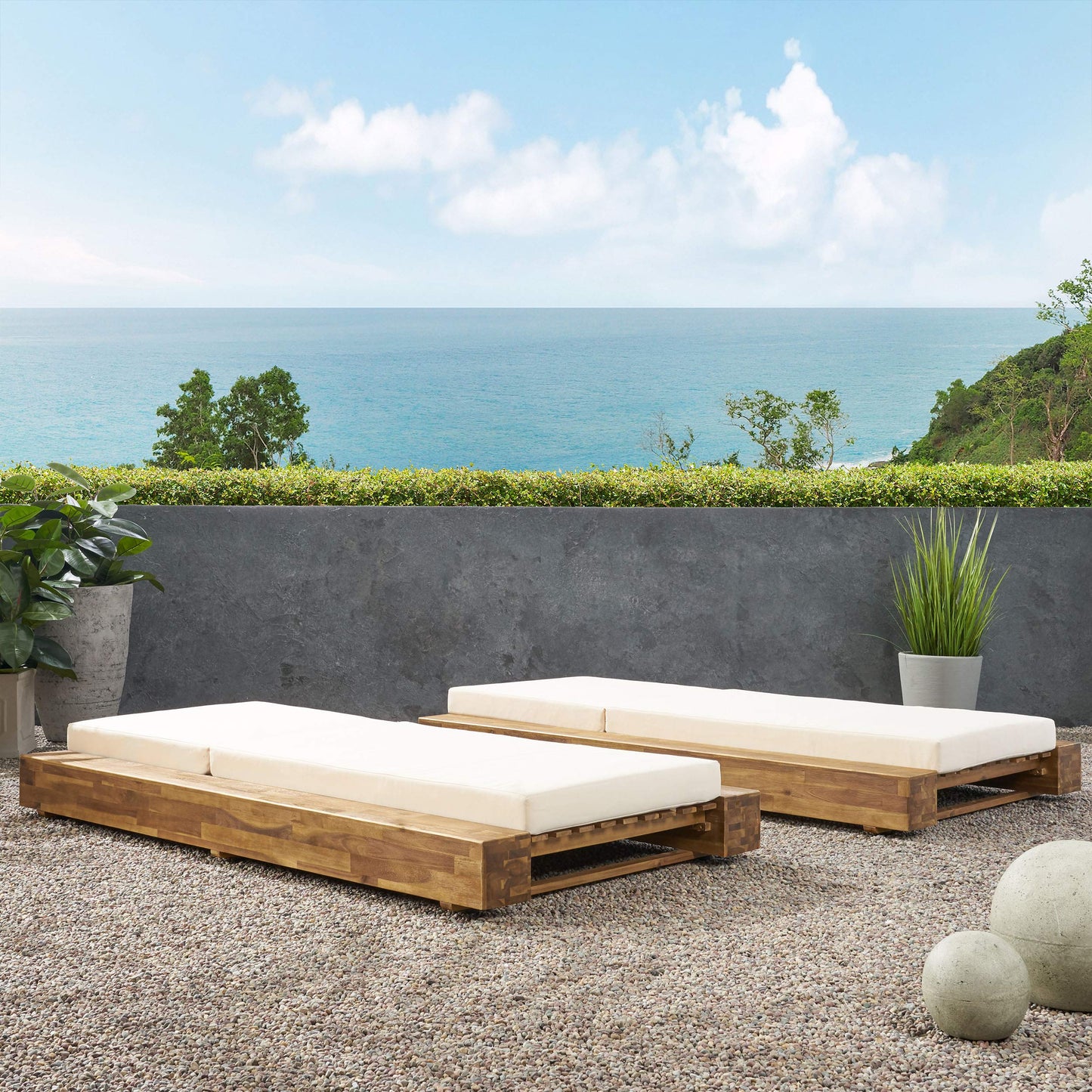 Christopher Knight Home Tory Acacia Wood Chaise Lounge Chair Outdoor Set of 2, Adjustable Backrest Sun Lounger Recliner, Patio Outdoor Chaise Lounge with 4" Thick Water-Resistant Cushions, Teak+Cream