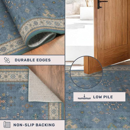 Light Blue Kitchen Runner Rug - Washable Boho Non-Slip Design for Hallway, Bedroom, Entryway | 2x7 Size