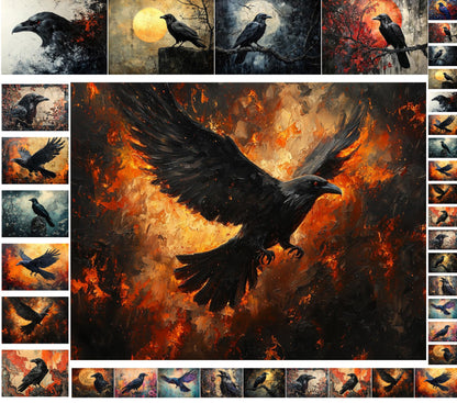 Decoupage Paper Pack (35 Sheets 6"x8") Raven Shadows: Majestic Black Ravens in Dramatic Moonlit and Fiery Sunset Scenes with Gothic, Mythical and Hauntingly Beautiful Elements FLONZ Vintage