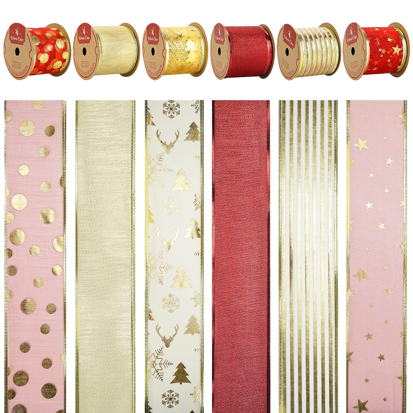 MEEDEE Red & Gold Christmas Ribbon - 2.5 Inch, 6 Rolls (36 Yards), Wired, Perfect for Tree Decoration, Wreaths & Bows