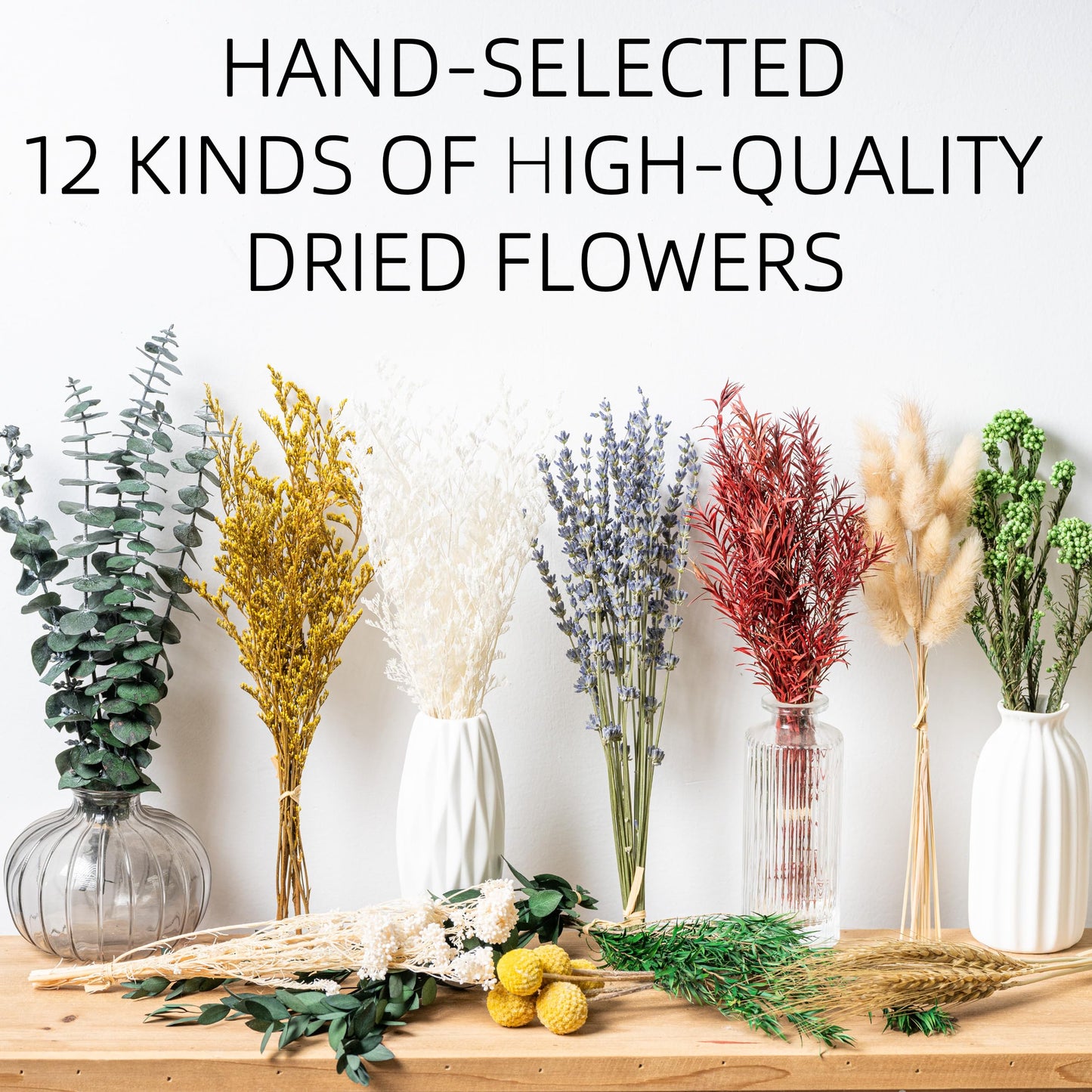 12kinds Natural Dried Flowers DIY kit ,10~12inch,Handpicked Including Lavender/Eucalyptus/Wheat,for Home Office Wedding Decor, Low-Maintenance