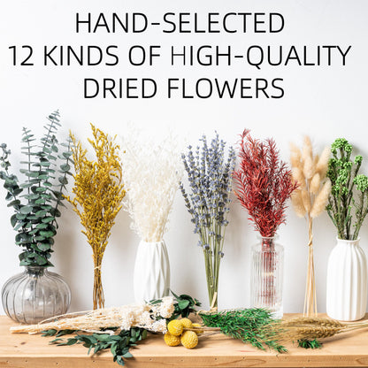 12kinds Natural Dried Flowers DIY kit ,10~12inch,Handpicked Including Lavender/Eucalyptus/Wheat,for Home Office Wedding Decor, Low-Maintenance