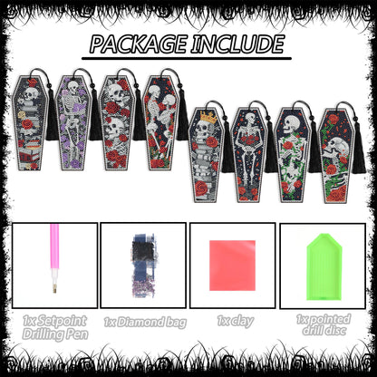 8 Pcs Gothic Skeleton Diamond Art Bookmarks Kit, Skull Halloween Diamond Painting Bookmarks with Tassels for Adults, DIY Horror Book Mark Craft Set for Women Men Reading Lovers