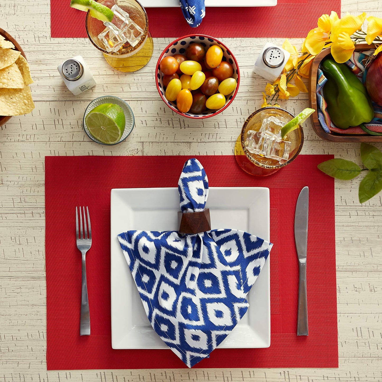 DII Everyday, Easy to Clean Indoor/Outdoor Woven Vinyl Double Border Placemats, 13x18, Tango Red - Set of 6