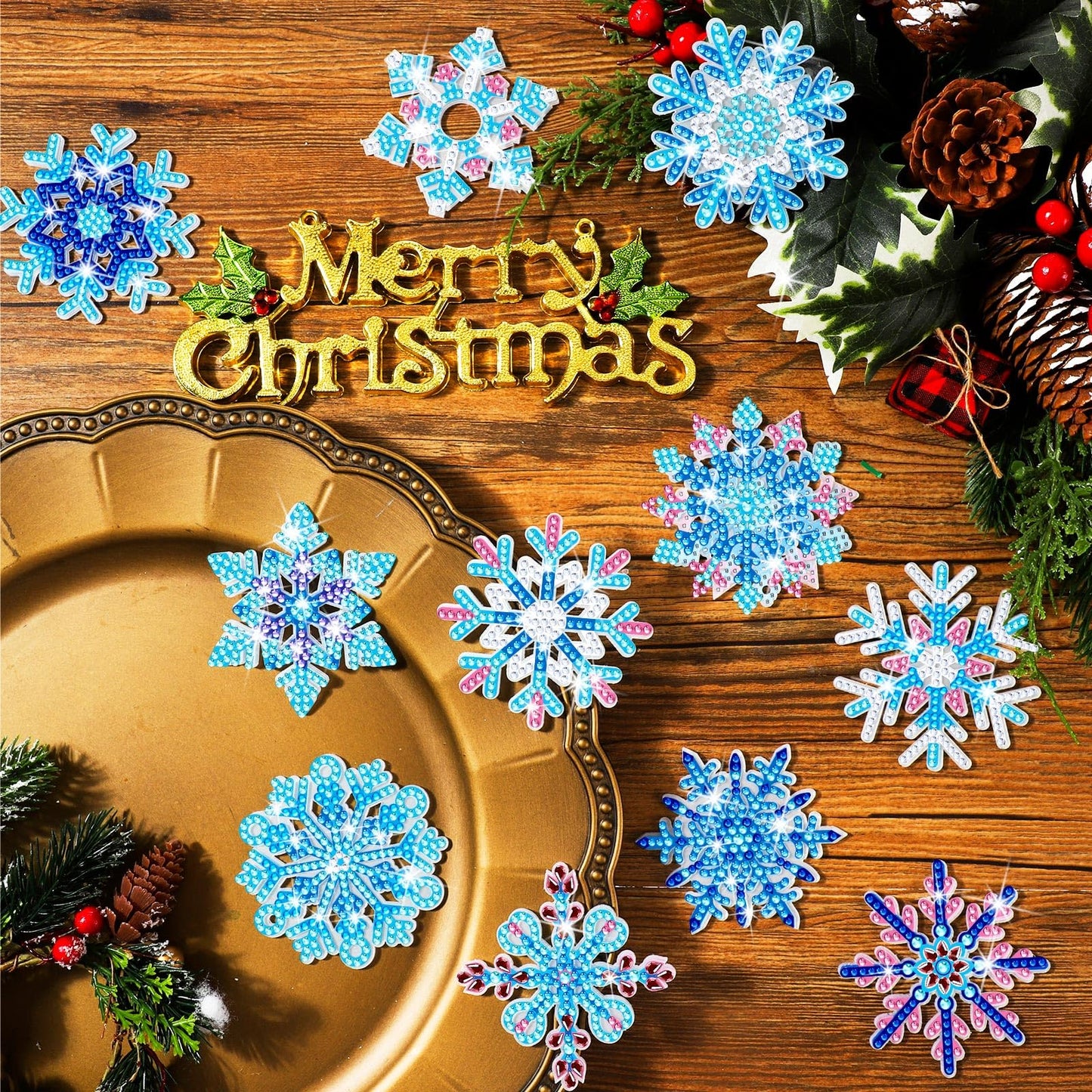 BBTO 15 Pieces Winter Diamond Painting Keychain Snowflake Diamond Painting Ornaments 5D DIY Diamond Painting Keychain Christmas Diamond Art Ornaments for Kids Christmas DIY Crafts Family Decor