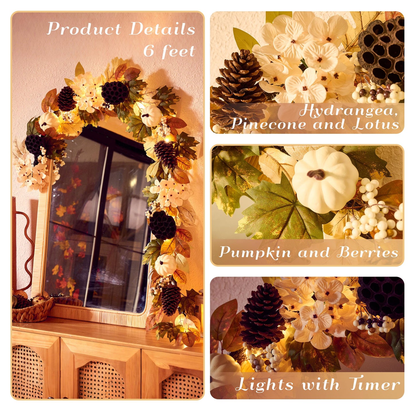 DecorbyHannah Thanksgiving Garland with Lights, 6 ft Artificial Fall Autumn Harvest Garland for Mantel, Fall Decor with Pumpkin Pinecone Lotus Maple Leaves for Front Door Table Fireplace Wall Outdoor