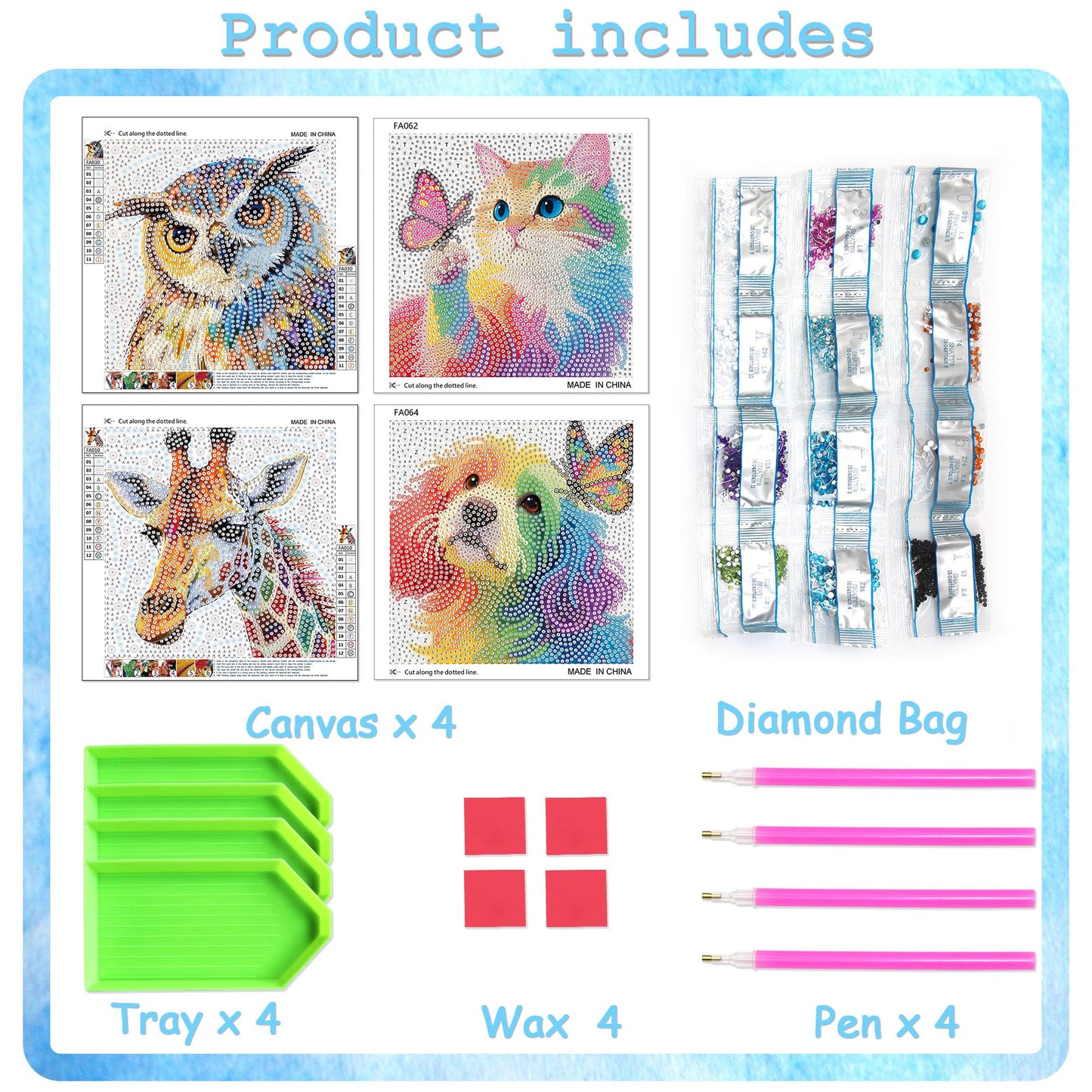 geesfayan 4 Pack Diamond Art Kit for Kids 6 Inch DIY Animal Gem Art with 4 Tools Sets, Gem Painting for Beginners, Creative Craft Gift for Teens & Kids(Owl-Giraffe)