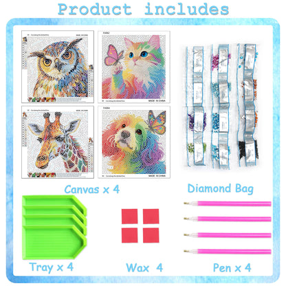 geesfayan 4 Pack Diamond Art Kit for Kids 6 Inch DIY Animal Gem Art with 4 Tools Sets, Gem Painting for Beginners, Creative Craft Gift for Teens & Kids(Owl-Giraffe)