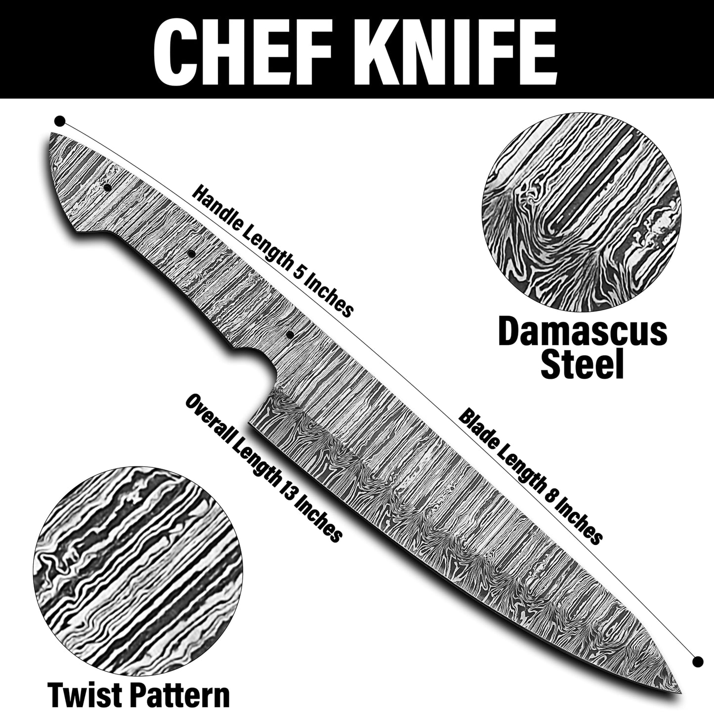 AMJ Crafts AMJ Damascus Steel Chef Blade, Premium Sharp Kitchen Knife Blank, Sharp, EDC, Ready to USE, DIY, Knife making