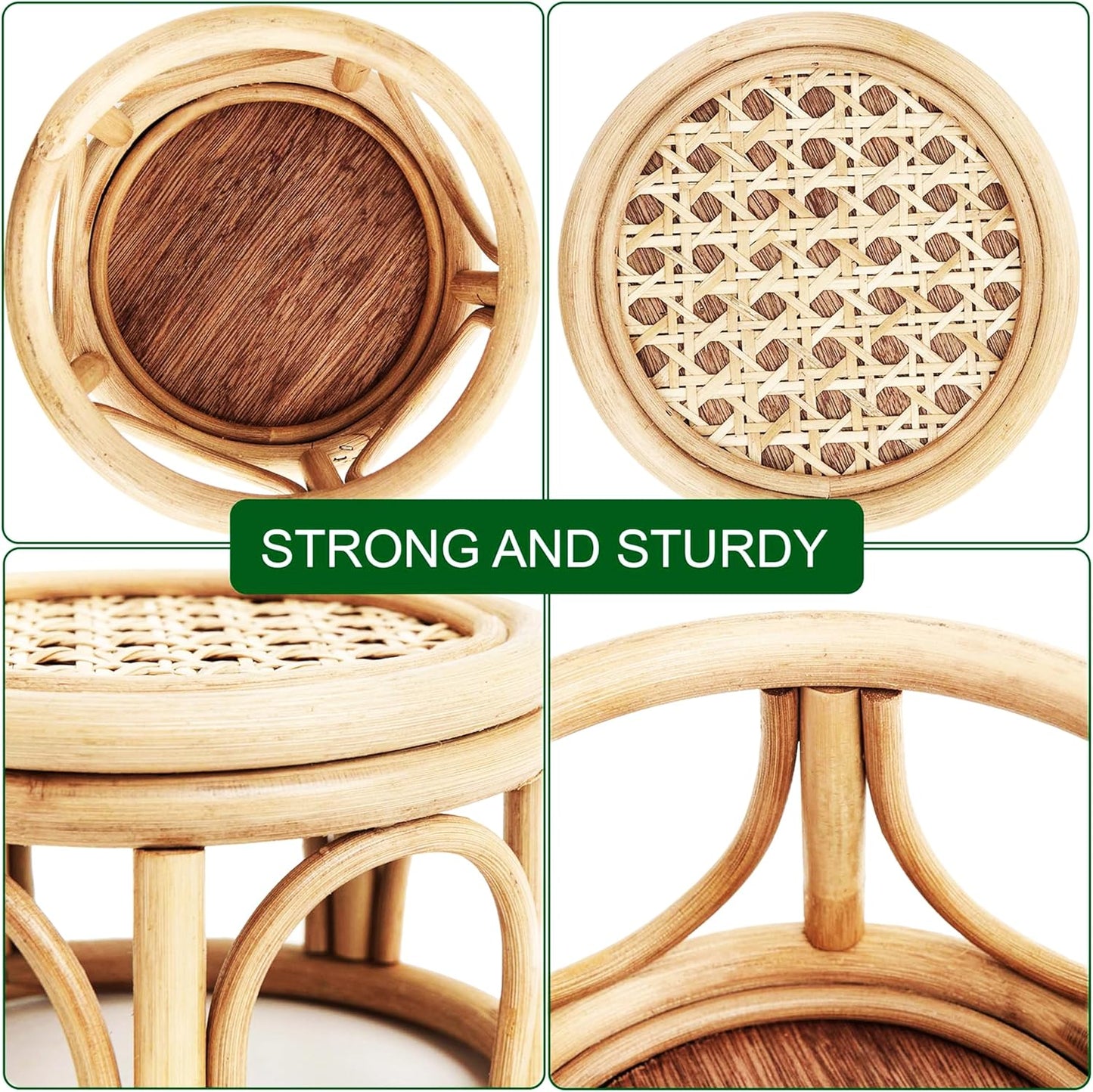 Set 2 of Small Boho Rattan Wicker Round Riser Plant Stand Indoor,Rustic Farmhouse Natural Wooden Circle Pedestal