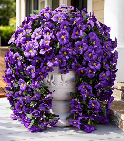 HyeFlora Artificial Flowers for Outdoors, 2pcs Faux Silk Pansies Flowers UV Resistant Fake Hanging Flower Plants for Outside Planters Porch Yard Patio Window Box (Dark Purple)