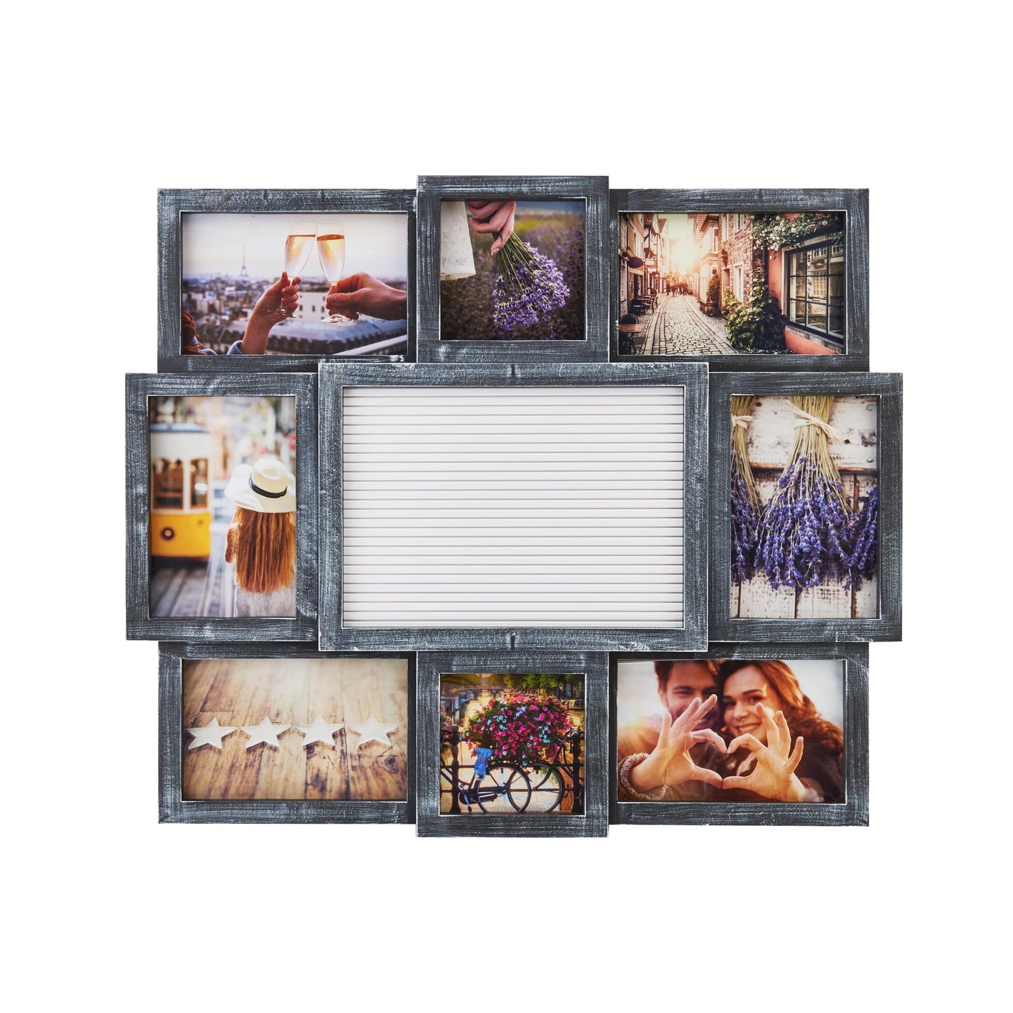 MELANNCO Collage Picture Frame with Letter Board, 8 Opening Photo Display for 4x6 and 4x4 Photos, 19 x 17 Inch Wall Decor with 144 Changeable Letters, Numbers and Symbols, Distressed Black