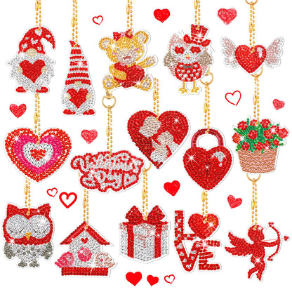 Inbagi 15 Pcs Valentine's Day Diamond Painting Keychains Kits with Tools Love Heart Painting Keyrings 5D Gnome Diamond Art Keychain Ornaments for Valentine's Day DIY Crafts Wedding Decor