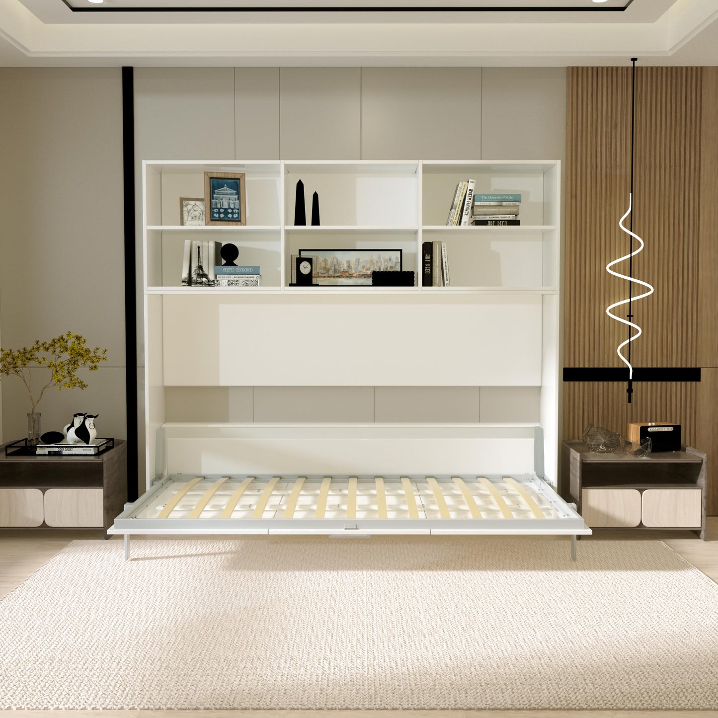 Ball & Cast Horizontal Murphy Bed Twin Size with Shelf Storage,Mordern Design Hideaway Cabinet Wall Bed w Gas Struts,Wood Folding Space-Saving Furniture for Bedroom,Student Dorms,White