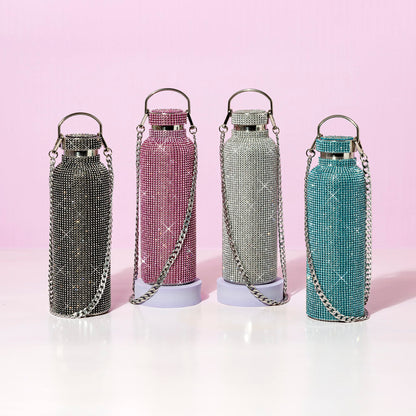 Paris Hilton Diamond Bling Water Bottle With Lid And Removable Carrying Strap, Stainless Steel Vacuum Insulated, Bedazzled With Over 5000 Rhinestones, 25-Ounce, Ombre Pink to Silver