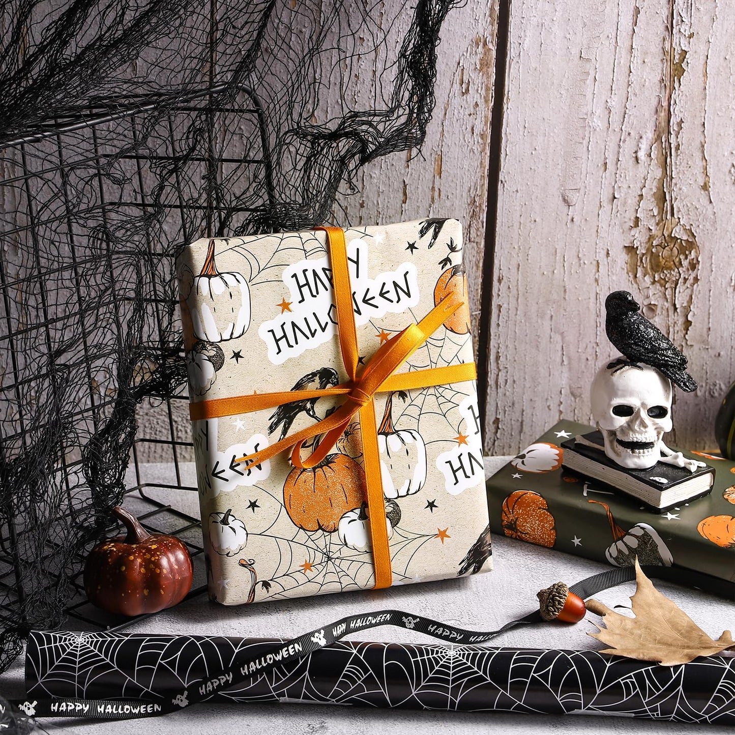 LeZakaa Halloween Wrapping Paper Roll & 13" Gift Bag with Tissue Paper, Gift Tag, and Card, Evil Pumpkin Fluorescent Black