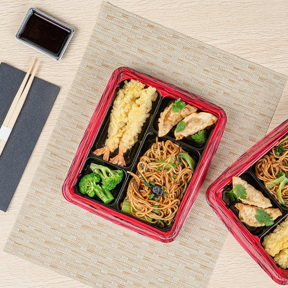 Restaurantware Bento Tek 15.2 Ounce Meal Prep Containers, 50 Disposable To Go Food Boxes - Lids Sold Separately, 4 Compartments, Red And Black Plastic Bento Lunch Boxes, Freezable, For Take Out