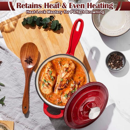 E-far Enameled Cast Iron Sauce Pan Set - 1Qt & 2Qt Heavy Duty Dutch Ovens with Self-Basting Lids | Induction-Ready, Easy Clean, Red