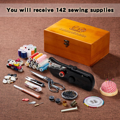 Handheld Sewing Machine with Exquisite Wooden Storage Box & 142-Piece Sewing Kit - Electric Switch, Dual Power Supply, Assorted Needles, Threads, Heavy Duty Scissors - Meets All Household Sewing Needs