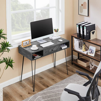 VECELO 39.3" Home Office Work Table with Drawers,Computer Desk with Hairpin Leg for Writing/Study,Charcoal Grey