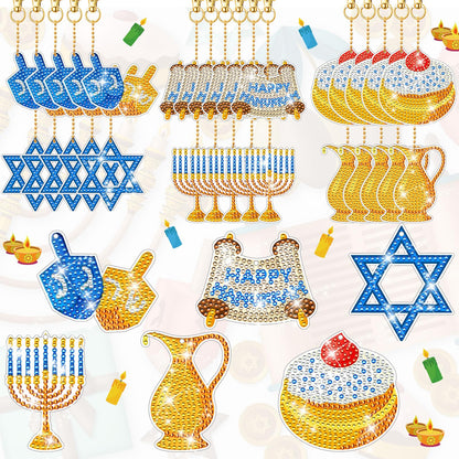 DEEKIN 30 Pcs Hanukkah Diamond Painting Keychains Hanukkah Crafts Ornaments Keychains Double Sided 5D Star Menorah Diamond Key Rings for Hanukkah DIY Birthday Party Supplies Favors