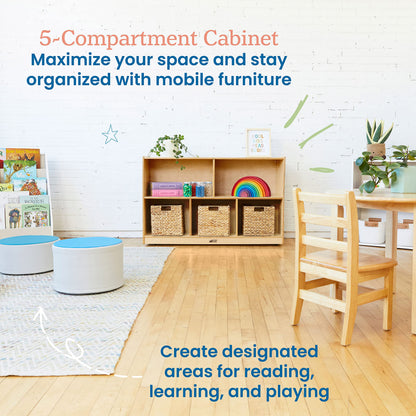 ECR4Kids 5-Compartment Mobile Storage Cabinet, Preschool, Classroom Furniture, Natural