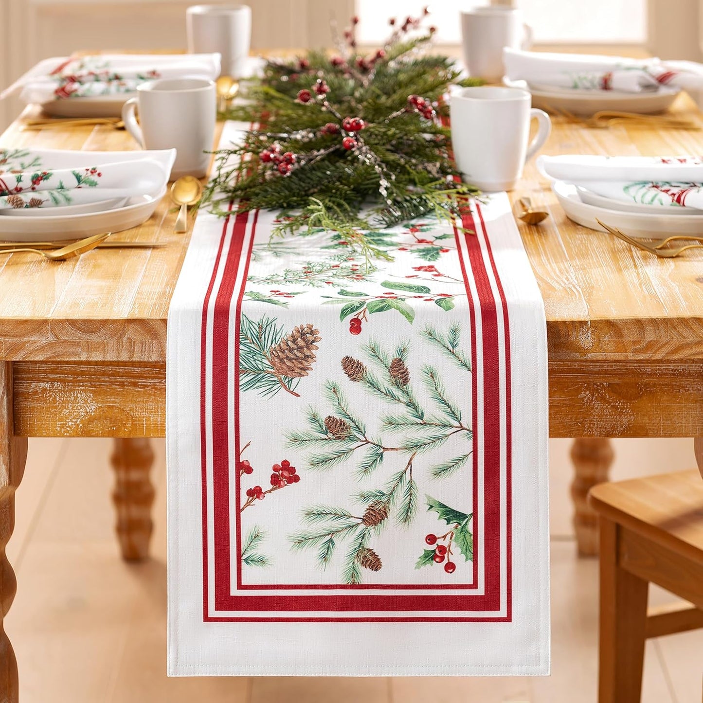 13" 70" Elrene Home Fashions Winter Holiday Berry Fabric Bordered Table or Console Runner, Christmas Table Decor, x