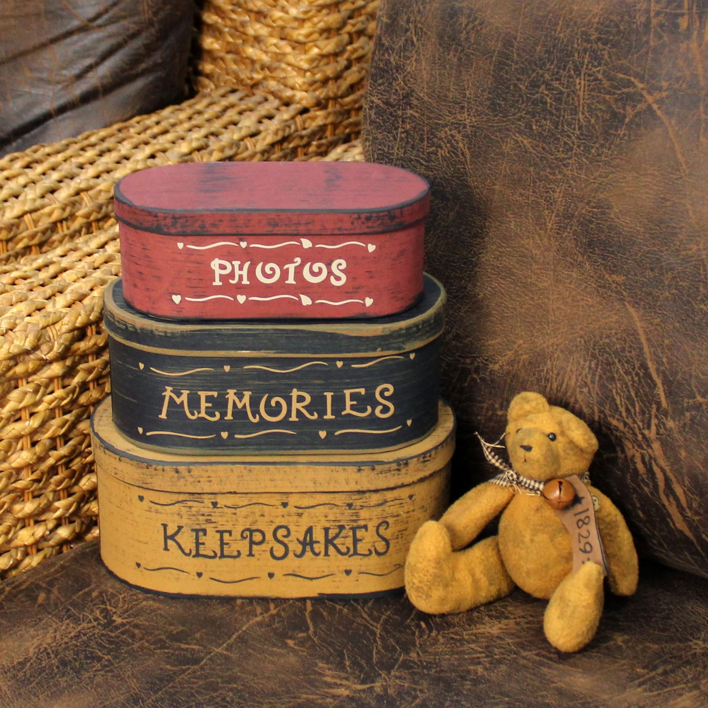 CVHOMEDECO. Primitives Antique Oval Photos, Memories, Keepsakes Cardboard Nesting Boxes, Large 9-3/4 x 5-1/2 x 4 Inch, Set of 3.