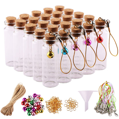 MaxMau Mini Glass Bottles with Cork Stoppers 15ml Mini Jars Wishing Bottles 25pcs with Connection Accessories Twine Bell Decoration