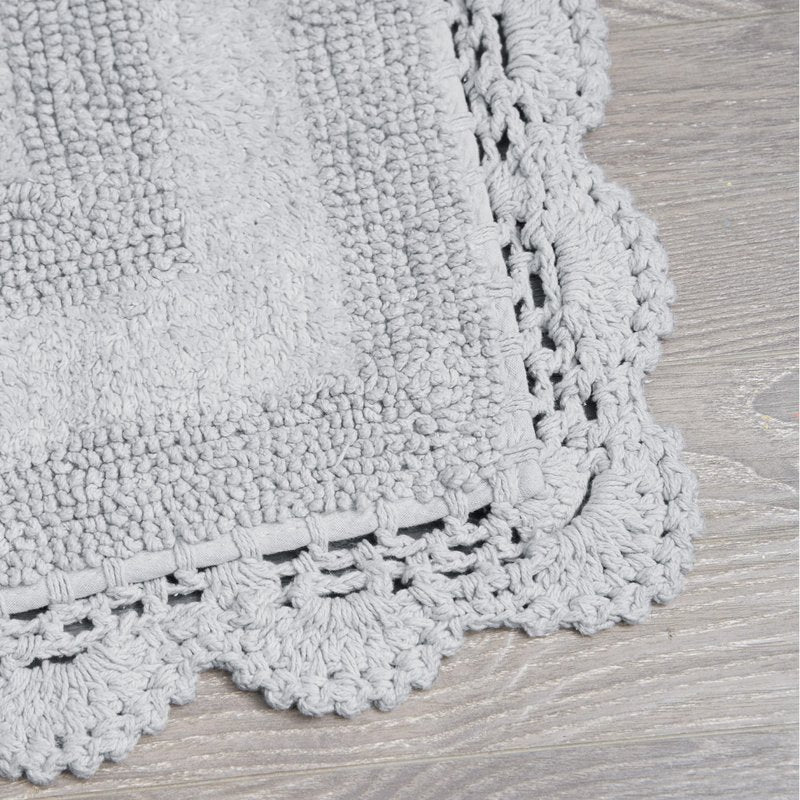 Laura Ashley Absorbent Bath Mat Reversible Crochet Soft and Plush Bathroom Mat 100% Cotton 2-Piece Bath Rug Set, Light Grey
